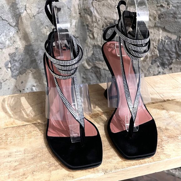 Amina Muaddi Zula Black Satin Clear Rhinestone Thong Heeled Sandals - Picture 4 of 11
